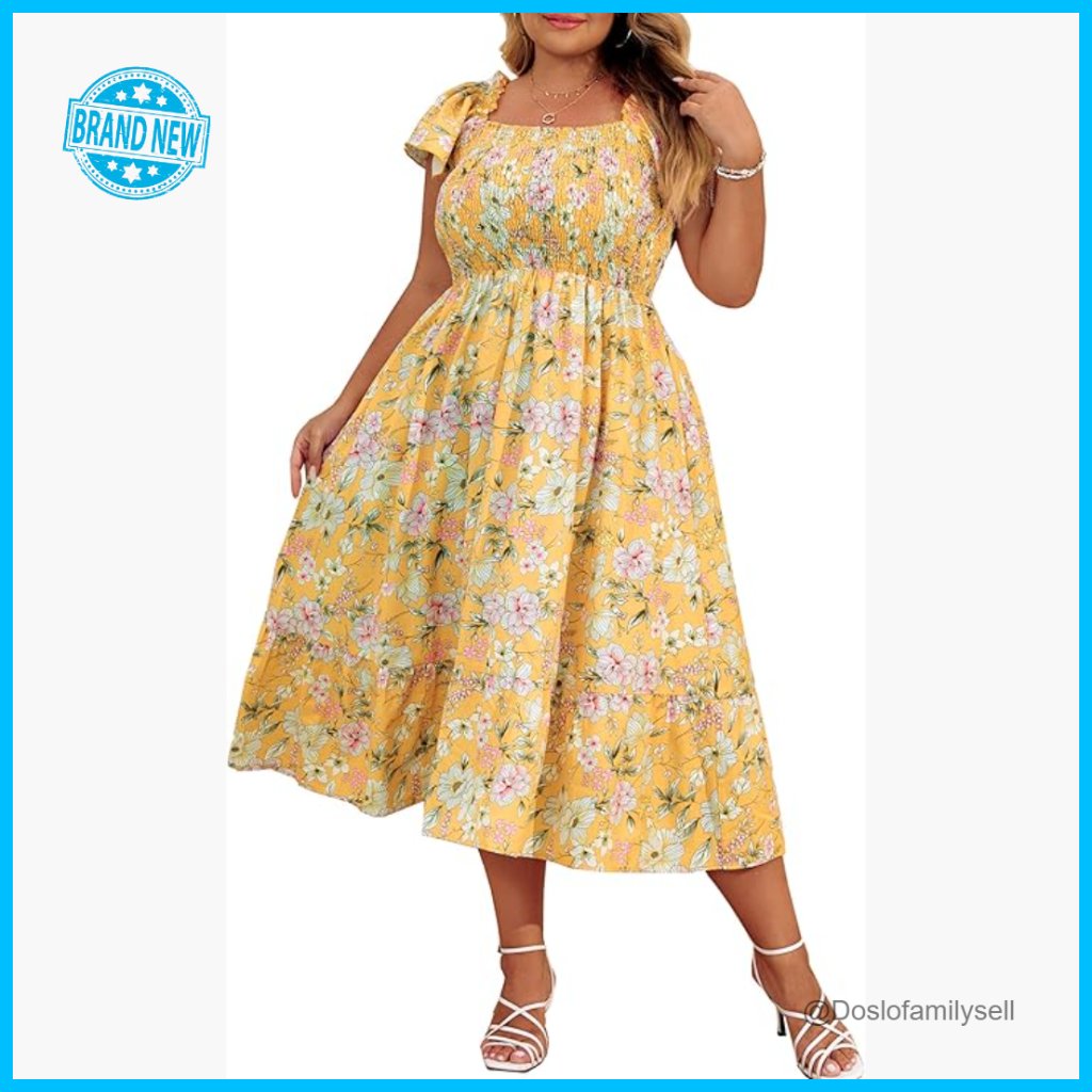 Plus Size Maxi Dress Smocked Bust Square Neck Tiered Hem Pockets Flowy